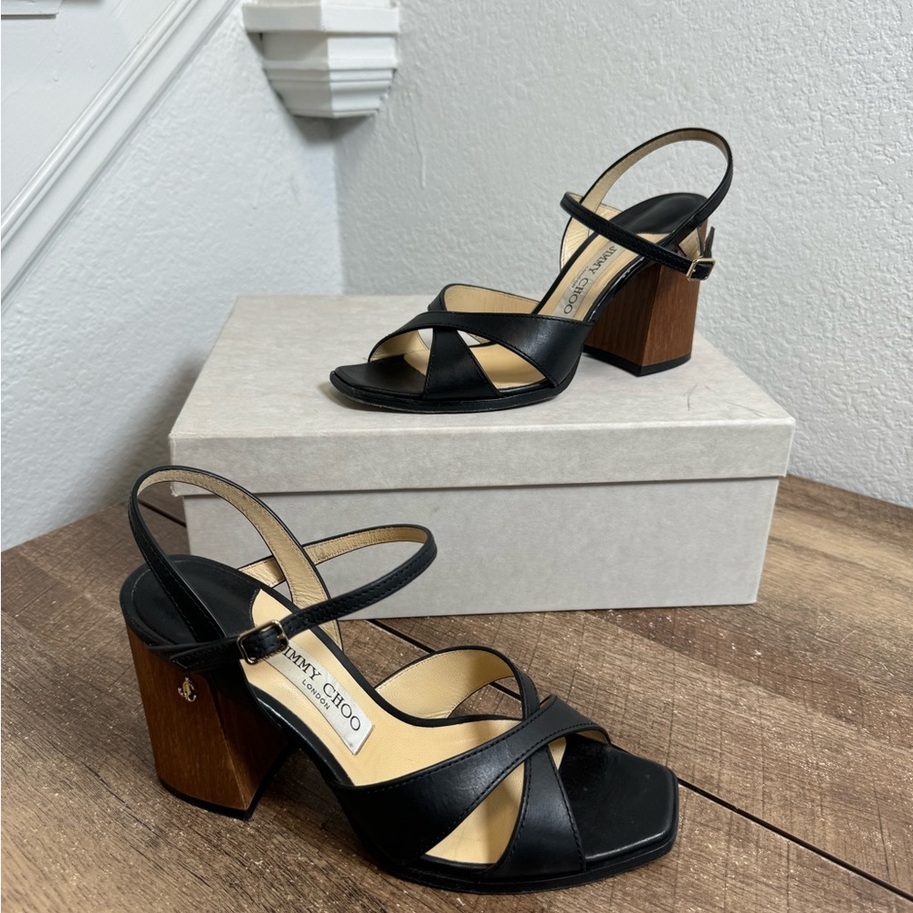 $795 Jimmy Choo "Joya" black leather sandals 85mm wooden block heel 37.5EUR/ 7.5